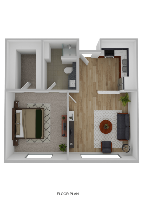 A 3D floor plan of a one-bedroom apartment at Eskaton Village Placerville independent living, featuring an open living room and kitchen, a separate bedroom, a bathroom, and a small closet area near the bathroom.