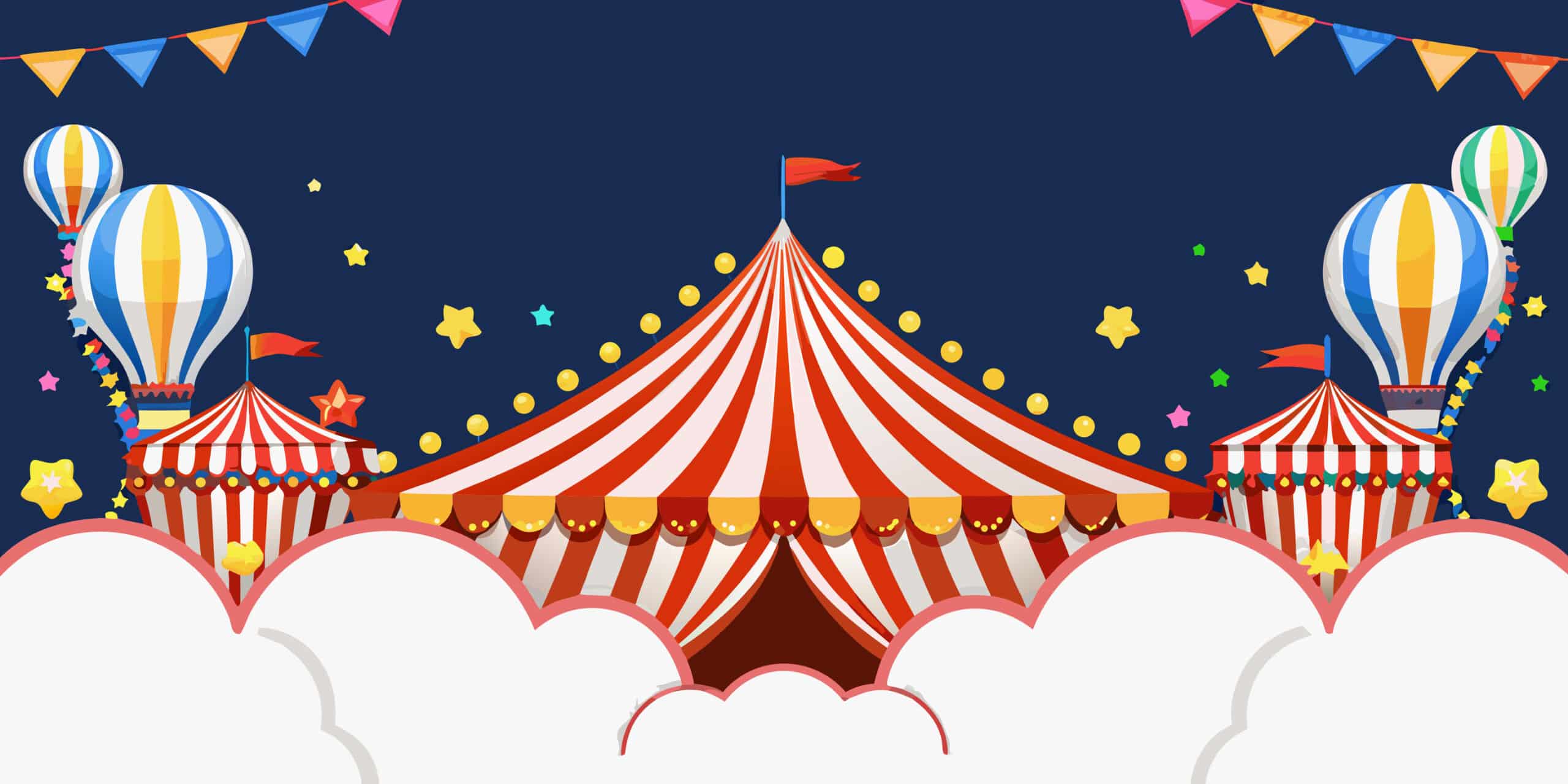 Colorful circus scene with a large striped red and white tent in the center, smaller tents on each side, hot air balloons, and bright pennant banners—it's a magical carnival for a cause beneath yellow stars and clouds against a dark blue sky.
