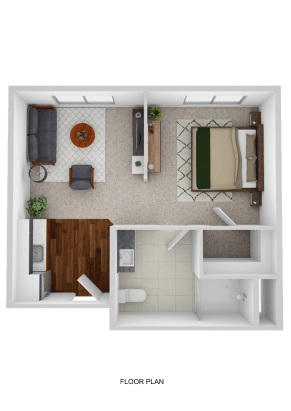 3D floor plan of a one-bedroom assisted living apartment featuring a living room with sofa, chair, coffee table, and TV. The bedroom includes a bed, nightstands, and rug. Kitchen and bathroom are separate for added comfort.