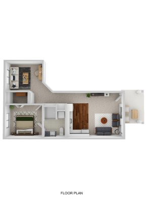 3D floor plan of a one-bedroom apartment designed for independent living, featuring a bedroom, bathroom, kitchen with dining area, living room, and a small separate office or study space.