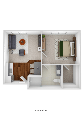 A 3D floor plan of a one-bedroom assisted living apartment, featuring a furnished living room, bedroom, kitchen, dining area, and bathroom—all thoughtfully designed and viewed from above.