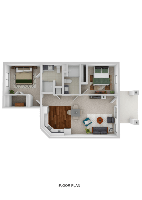 A 3D floor plan of an apartment designed for Independent Living features two bedrooms on opposite sides, one bathroom and storage areas between them, plus a kitchen with dining area and a spacious living room.