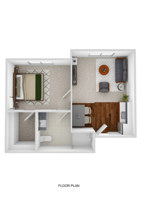 A 3D floor plan of a one-bedroom assisted living apartment showing a bedroom, bathroom, kitchen with dining area, and living room with a sofa and TV. The living and dining areas feature wood flooring, while the bedroom is comfortably carpeted.