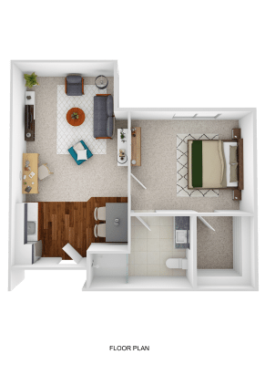 A 3D floor plan designed for Assisted Living, featuring a bedroom, bathroom, kitchen with dining area, and a living room with seating, TV, desk, and large windows. The open layout offers both comfort and clear separation of spaces.