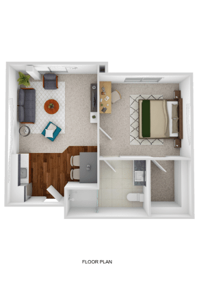 3D floor plan of a one-bedroom assisted living apartment, featuring a living room, kitchen with dining area, bathroom, and a bedroom with a large bed and desk. The living room includes a sofa, coffee table, and TV.
