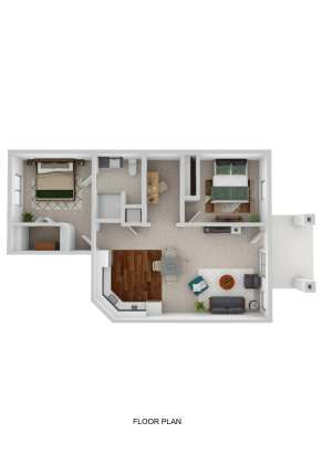 A 3D floor plan designed for independent living, featuring two bedrooms, a bathroom, kitchen, dining area, and living room. The living and dining rooms have wood floors, while other rooms are carpeted or tiled. Entrances are at the top right and center right.