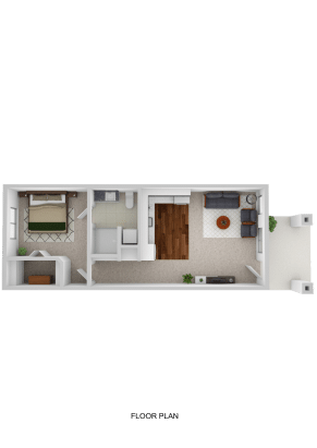 A 3D floor plan of a rectangular apartment, ideal for independent living, featuring a bedroom, bathroom, kitchen with wooden flooring, and a living room with sofas and a TV. There are two entryways: one by the bedroom and one beside the living room.