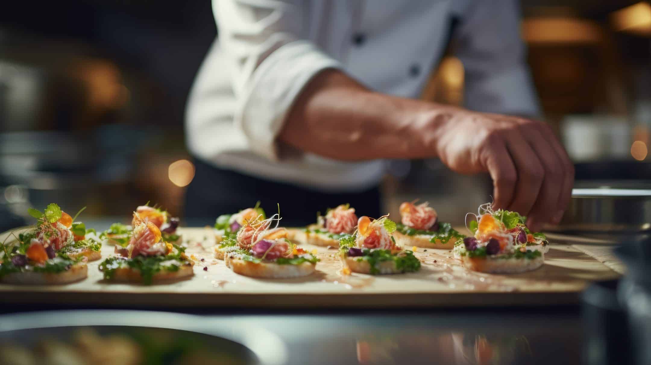 A chef in a white uniform arranges gourmet appetizers topped with greens and cured meat on a wooden board, showcasing the exceptional Eskaton Village Placerville dining experience in a professional kitchen.
