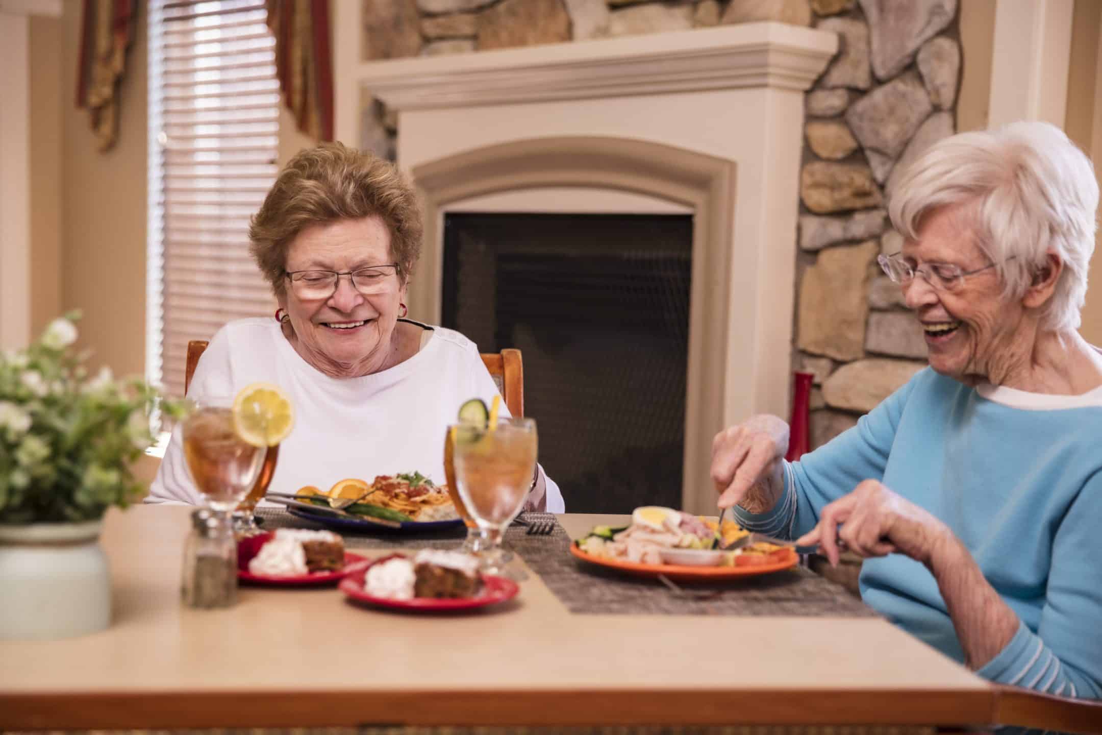 Two elderly women sit at a table, smiling and enjoying a Lunch and Learn together in a cozy room with a stone fireplace in the background. Plates of food and drinks with lemon slices are spread across the table.