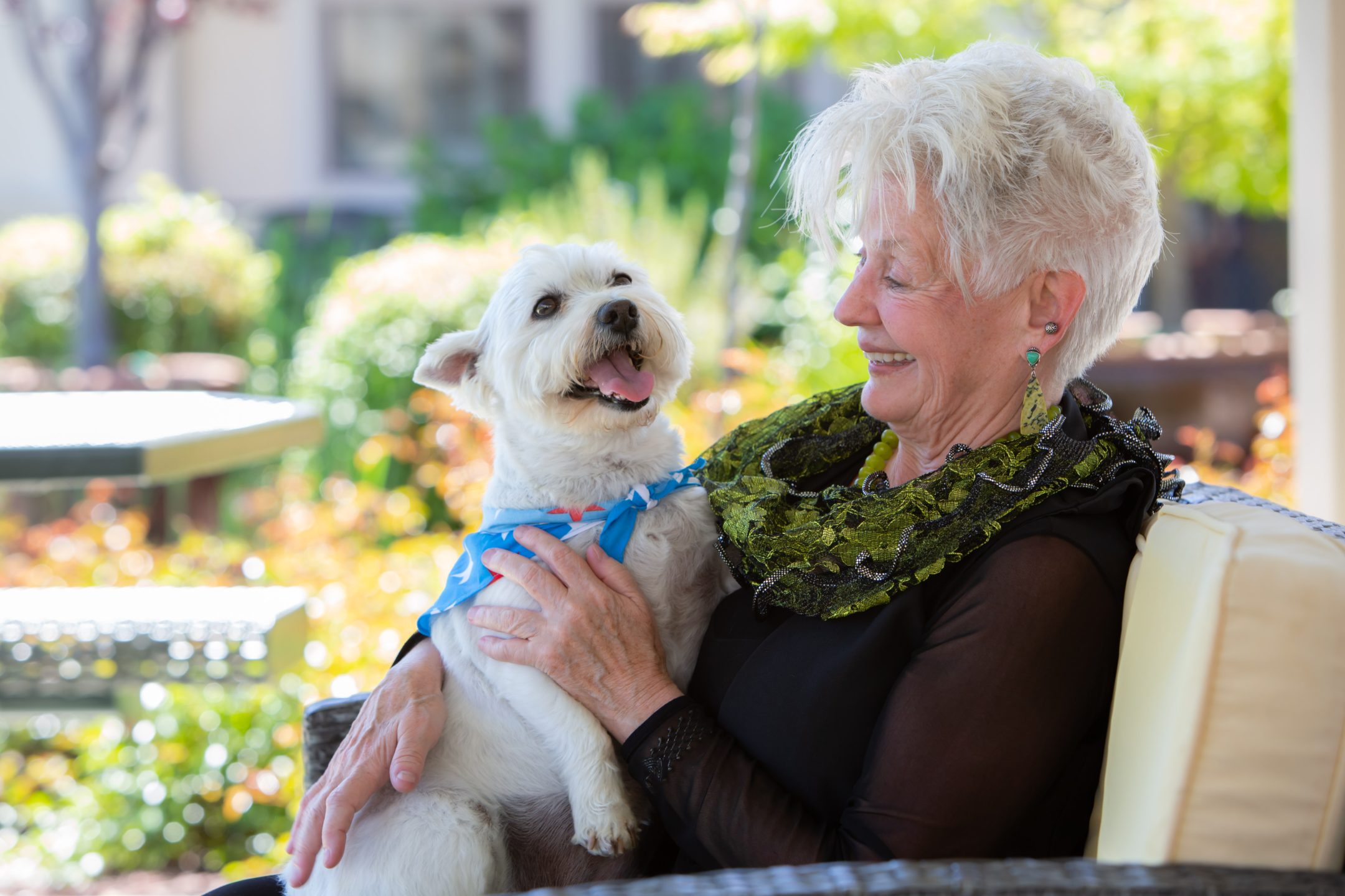 An elderly woman with short white hair smiles while holding a happy white dog wearing a blue bandana on her lap, sitting outdoors on a sunny day.
