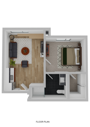 3D floor plan of a one-bedroom apartment designed for Independent Living, featuring an open living room and kitchen, a bedroom with a double bed, a bathroom, and a small entryway. Light wood, carpet, and tile flooring are used throughout.