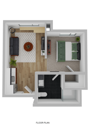 A 3D floor plan of a small apartment designed for Independent Living, featuring a cozy living room with sofa and TV, a bedroom with bed and dresser, plus compact adjacent kitchen and bathroom—ideal for comfortable, self-sufficient living.