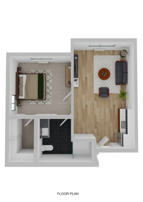 A 3D floor plan illustrating an independent living one-bedroom apartment with a bedroom, bathroom, open living area, and kitchen. The living room features a sofa, chair, table, and plants; the bedroom includes a bed and nightstands.