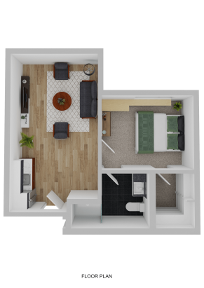 3D floor plan of a one-bedroom apartment designed for Independent Living, featuring a living room with sofa, chairs, and TV; a cozy bedroom with double bed; kitchen; and bathroom conveniently located near the entry.