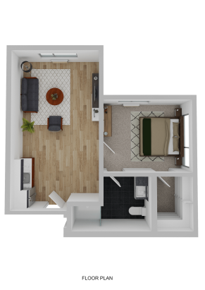 3D floor plan of a one-bedroom apartment designed for Independent Living, featuring a living room, kitchen, bedroom with a double bed, and bathroom. Enjoy wood flooring in the living area and cozy carpets in the bedroom.