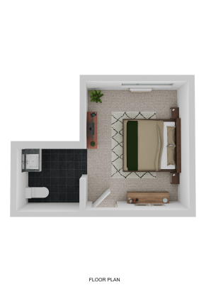 Floor plan for a Memory Care Roseville CA suite: bedroom with double bed, two nightstands, rug, TV on console, dresser, plant, and an attached bathroom with toilet and sink. Entrance is conveniently located near the bathroom.