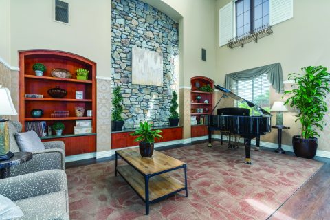 A spacious, elegant living room with a grand piano, stone accent wall, tall plants, bookshelves, a coffee table with a plant, cushioned chairs, and large windows letting in natural light.