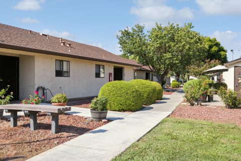 Single-story beige apartment buildings with brown roofs line a concrete walkway, surrounded by neatly trimmed green bushes, potted plants, a stone bench, and red gravel landscaping under a sunny sky.