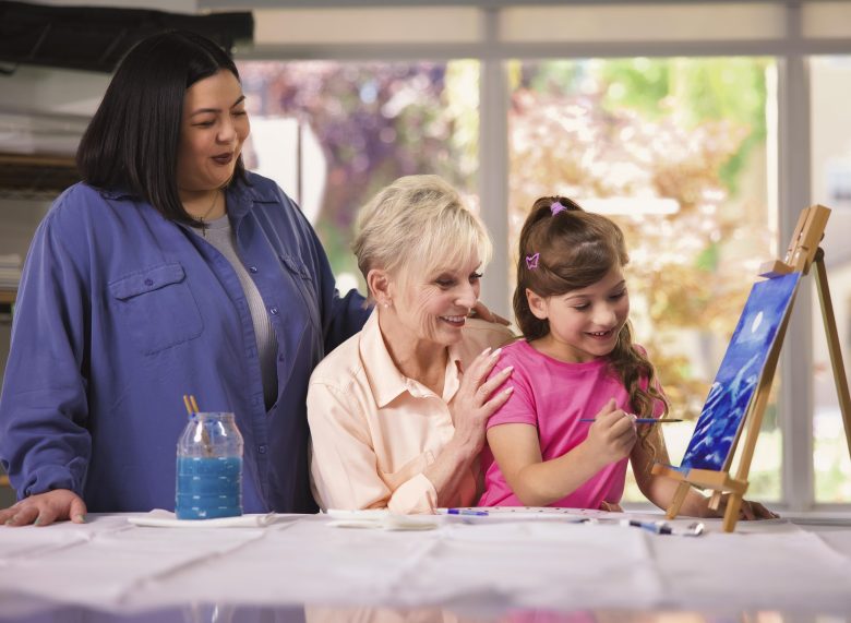 A young girl paints on a canvas at an easel, smiling, while an older woman and another woman stand beside her, watching and encouraging her in a bright, sunlit room.