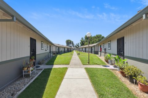 A symmetrical courtyard with a concrete walkway dividing green lawns, flanked by single-story beige apartment buildings with dark doors and potted plants near entrances under a clear blue sky.
