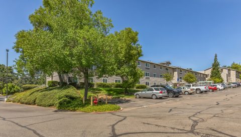 Large apartment complex with beige buildings and multiple windows, surrounded by green trees and shrubs. Several cars are parked in the spacious lot under a clear blue sky.