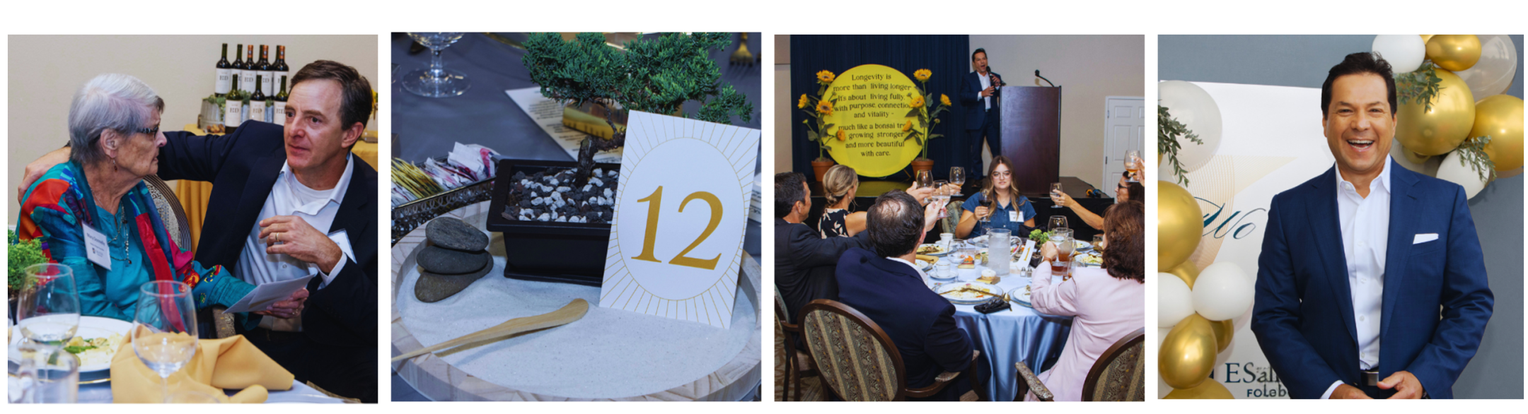 A collage of four images at the Longevity Gala: people conversing at a formal event, a close-up of table number 12, attendees seated at round tables, and a man in a blue suit smiling near gold and white balloons.