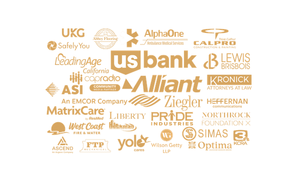A collage of various company logos, including US Bank, Alliant, YoloCares, CALPRO, UKG, Ziegler, West Coast Fire & Water, and others—each associated with the Longevity Gala—displayed in tan color on a white background.