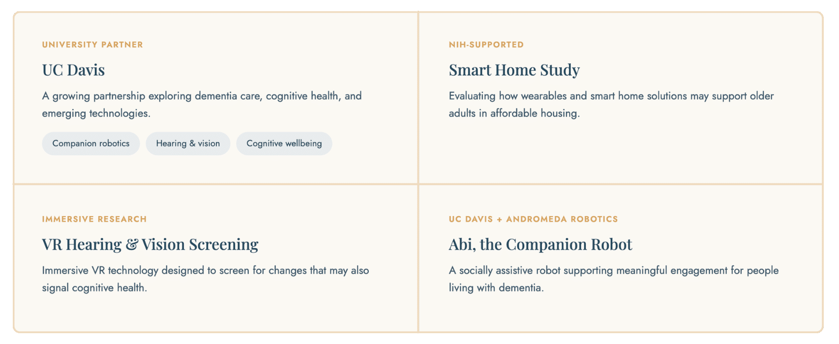 A grid with four sections: UC Davis dementia care, Smart Home Study, VR Hearing & Vision Screening, and Abi, the Companion Robot. Each section briefly describes dementia-related research or technology projects.