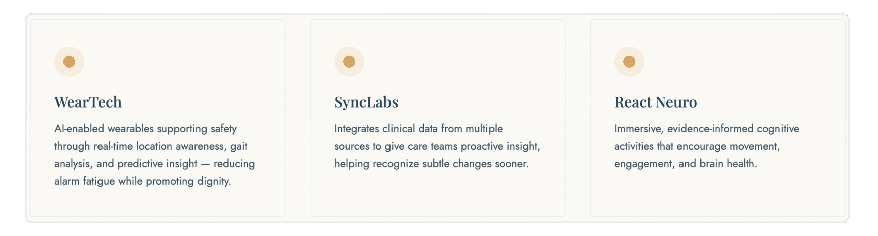 Three cards display company names and descriptions: WearTech, SyncLabs, and React Neuro, each with a circular icon above. Each card outlines how their tech supports healthcare, safety, or brain health using data or insights.