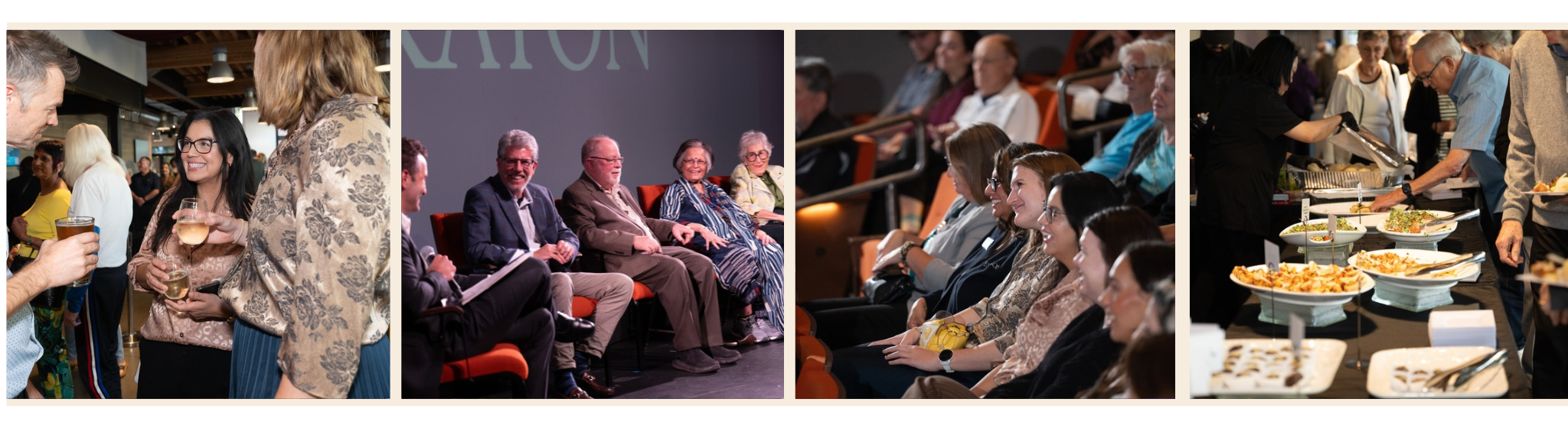 A collage of four photos: people socializing with drinks, a panel discussion on stage, an audience watching a Still Unwritten presentation, and a person serving food at a buffet.