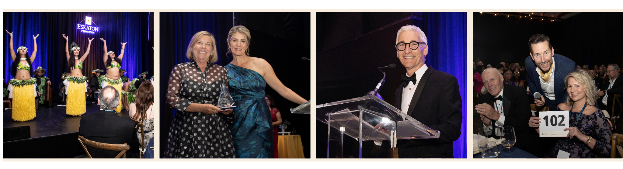 A collage from the Longevity Gala showing hula dancers on stage, two women presenting an award, a man speaking at a podium, and guests seated at a table.